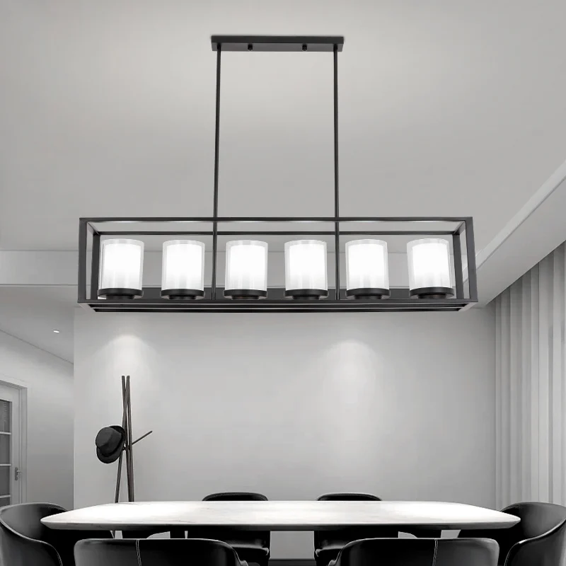Luminaire suspendu traditionnel en verre cylindrique, 3/6 lumières, pour salle à manger, avec cadre rectangulaire noir Cle...