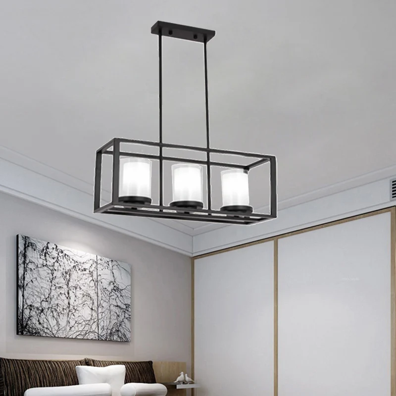 Luminaire suspendu traditionnel en verre cylindrique, 3/6 lumières, pour salle à manger, avec cadre rectangulaire noir Cle...