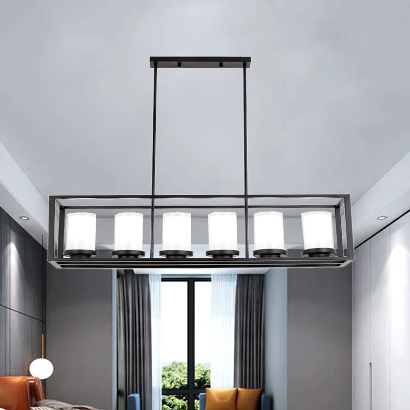 Luminaire suspendu traditionnel en verre cylindrique, 3/6 lumières, pour salle à manger, avec cadre rectangulaire noir Cle...