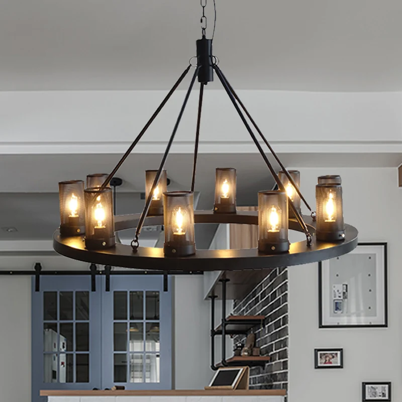 10 lumières pendentif de plafond en métal classique cylindre noir lampe de lustre de salon Clearhalo