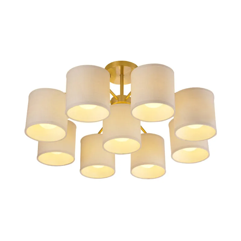 Or 9 lumières Semi montage éclairage colonialiste tissu cylindre métal plafonnier pour salon Clearhalo