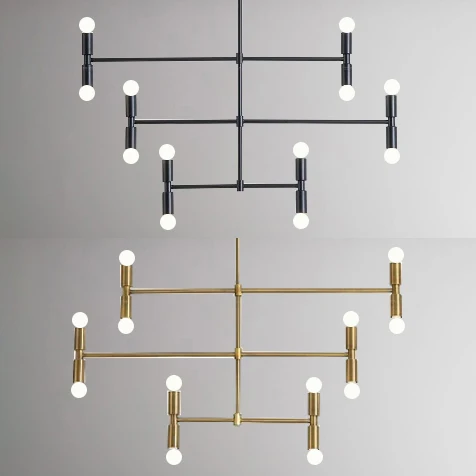 Lustre à ampoule nue en métal du milieu du siècle, 12 lumières, noir/or, suspension avec tige horizontale Clearhalo