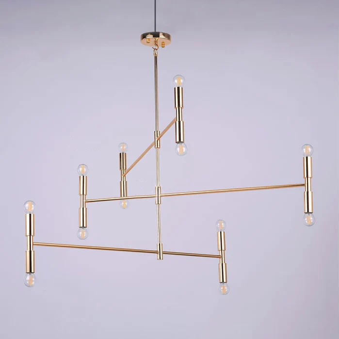 Lustre à ampoule nue en métal du milieu du siècle, 12 lumières, noir/or, suspension avec tige horizontale Clearhalo