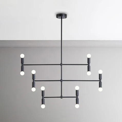 Lustre à ampoule nue en métal du milieu du siècle, 12 lumières, noir/or, suspension avec tige horizontale Clearhalo