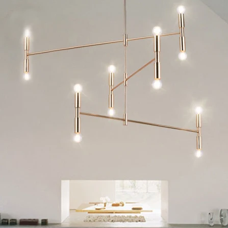 Lustre à ampoule nue en métal du milieu du siècle, 12 lumières, noir/or, suspension avec tige horizontale Clearhalo