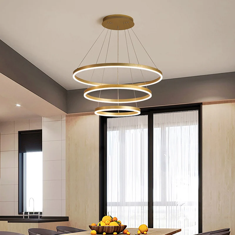 Lustre à anneaux Art déco en aluminium, éclairage de Suspension LED pour salon en or Clearhalo