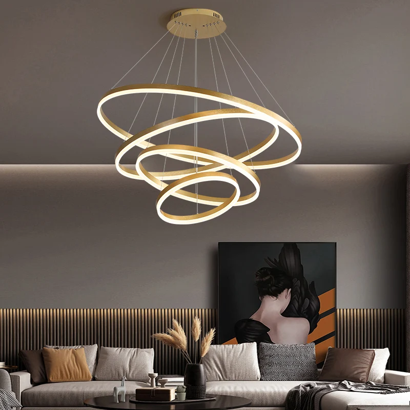 Lustre à anneaux Art déco en aluminium, éclairage de Suspension LED pour salon en or Clearhalo