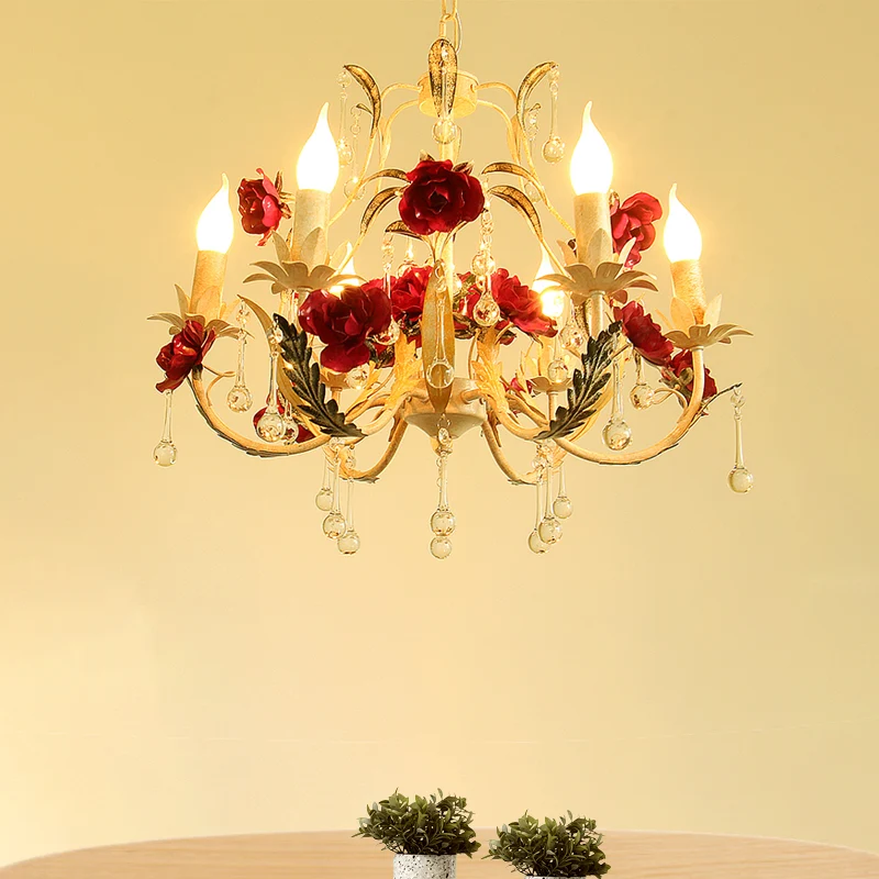 Lustre beige à 6 ampoules, chandelier rustique en fer, suspension avec goutte de cristal Clearhalo