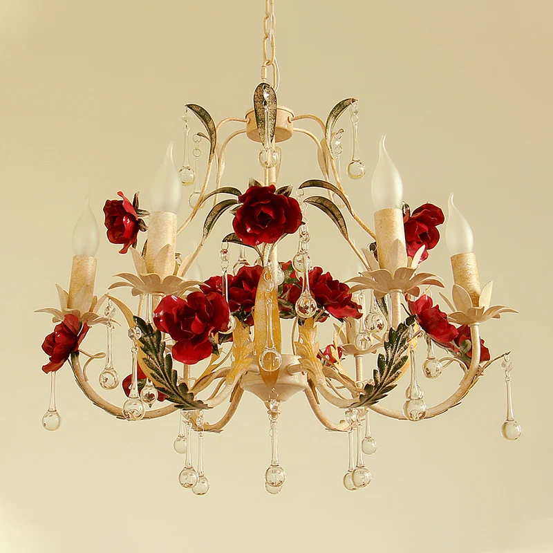 Lustre beige à 6 ampoules, chandelier rustique en fer, suspension avec goutte de cristal Clearhalo