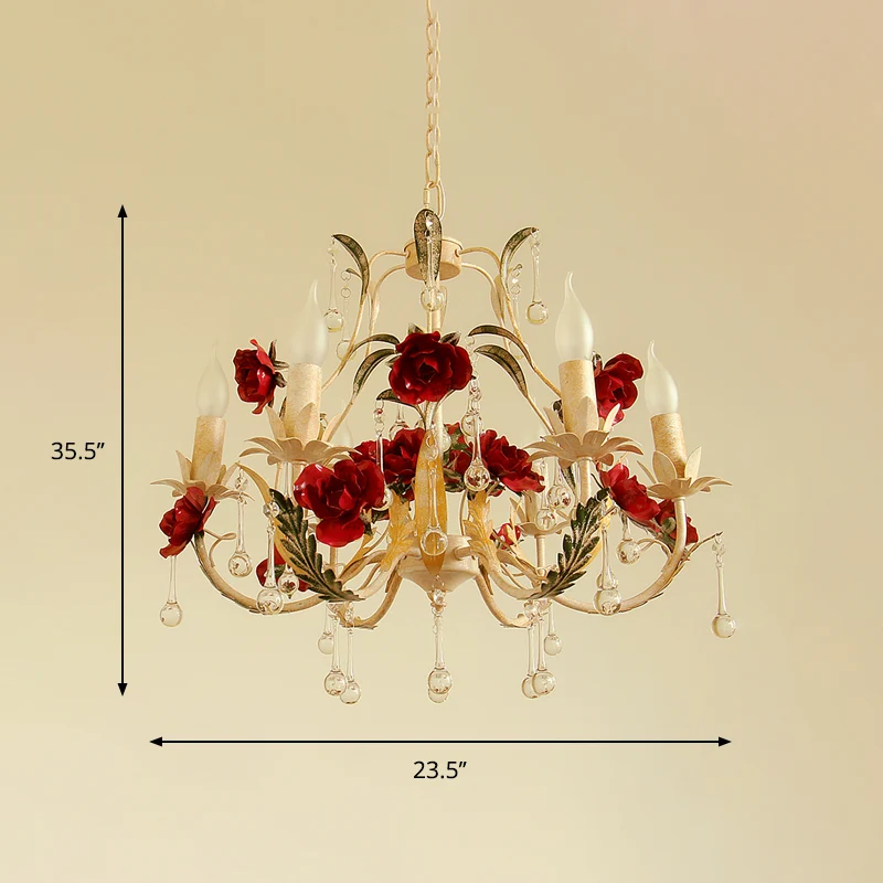 Lustre beige à 6 ampoules, chandelier rustique en fer, suspension avec goutte de cristal Clearhalo