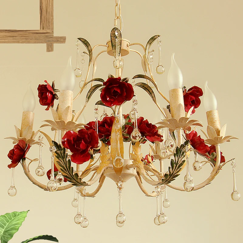 Lustre beige à 6 ampoules, chandelier rustique en fer, suspension avec goutte de cristal Clearhalo