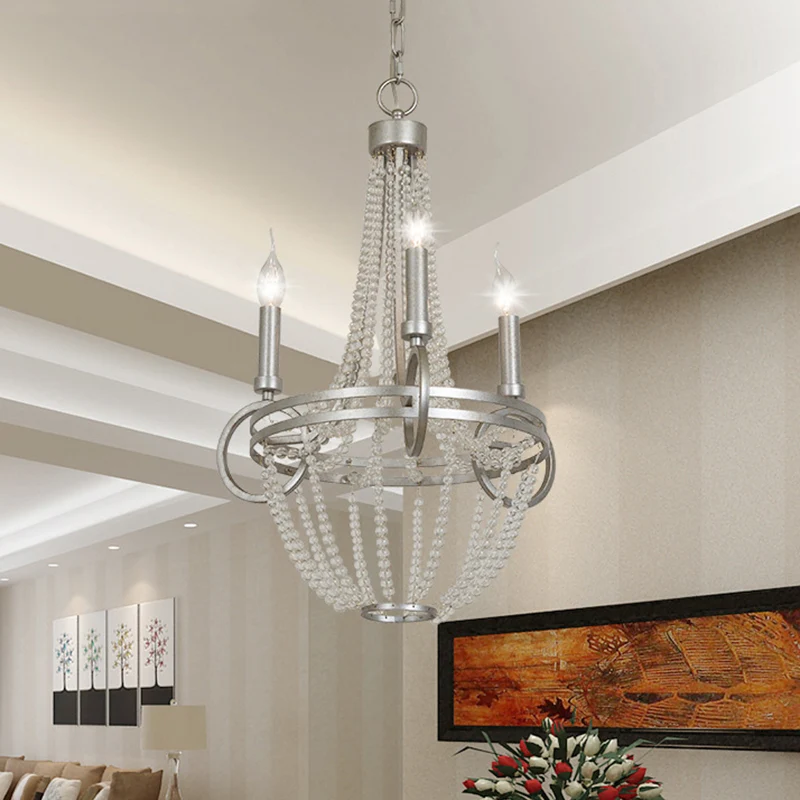 Lustre à bougie en cristal rétro à 3 têtes, luminaire décoratif de plafond argenté pour le salon Clearhalo
