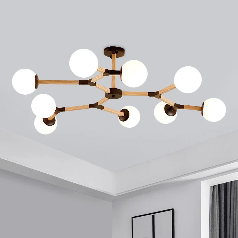 Lustre à branches blanc/noir/or, éclairage contemporain à 3/6/9 lumières, plafonnier suspendu en bois avec abat-jour globa...