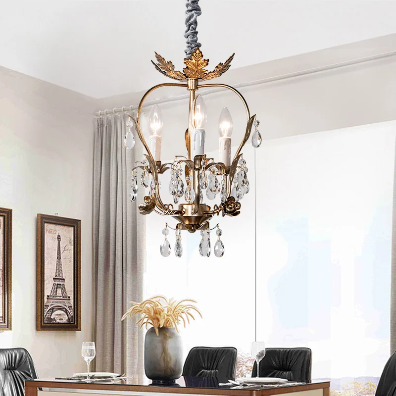 Lustre en cage de style campagnard en fer, lampe suspendue à 3 têtes avec décoration en cristal et feuilles en rouille fon...