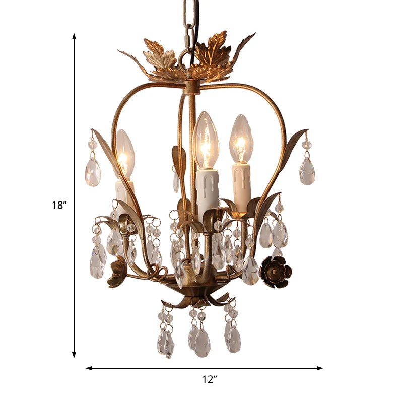 Lustre en cage de style campagnard en fer, lampe suspendue à 3 têtes avec décoration en cristal et feuilles en rouille fon...