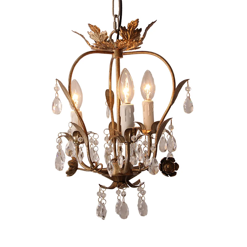 Lustre en cage de style campagnard en fer, lampe suspendue à 3 têtes avec décoration en cristal et feuilles en rouille fon...