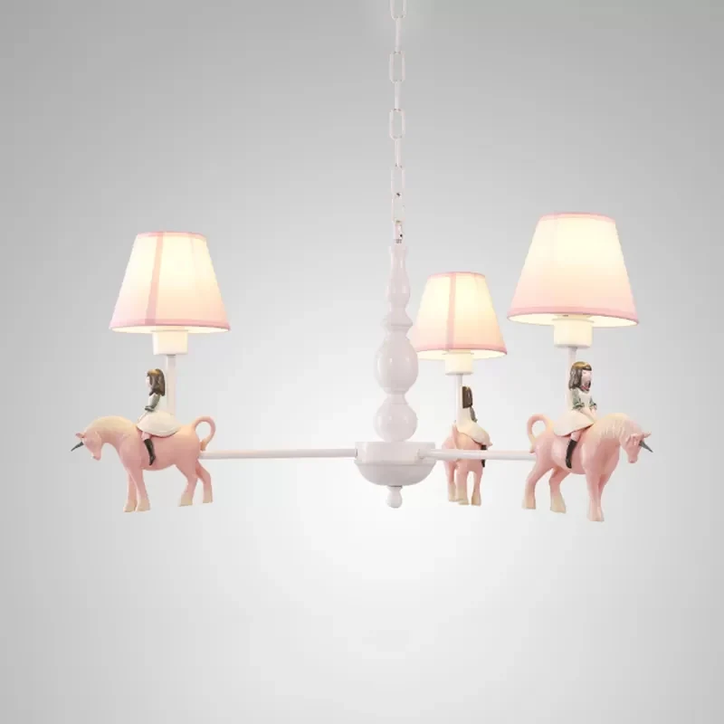 Lustre carrousel pour chambre de fille en métal et résine, suspension rose pour enfants avec abat-jour en tissu Clearhalo