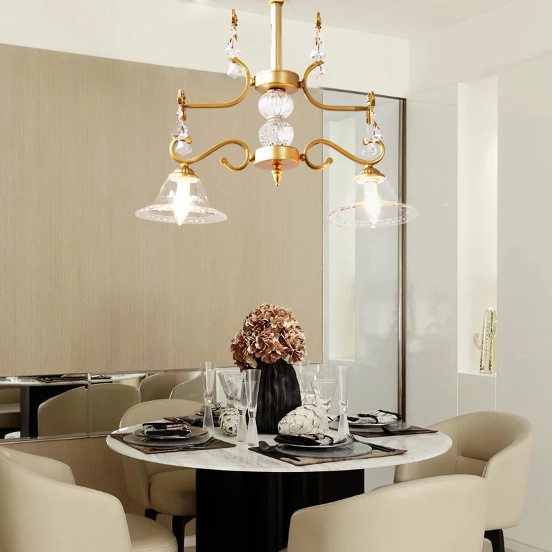 Lustre en cristal clair moderne, luminaire suspendu à 2 ampoules, abat-jour en forme de cloche en or pour salle à manger C...