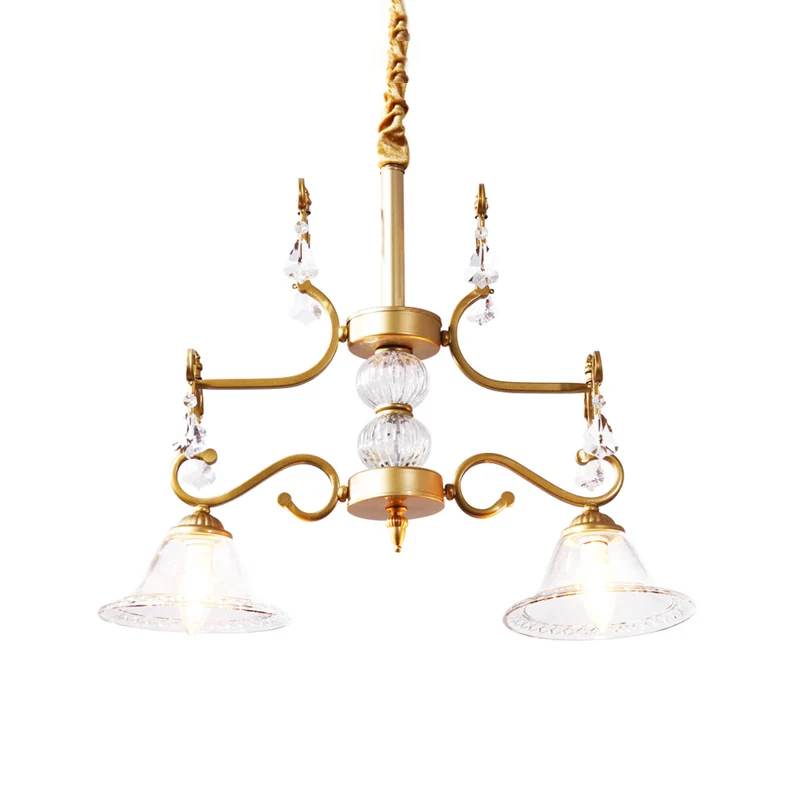 Lustre en cristal clair moderne, luminaire suspendu à 2 ampoules, abat-jour en forme de cloche en or pour salle à manger C...