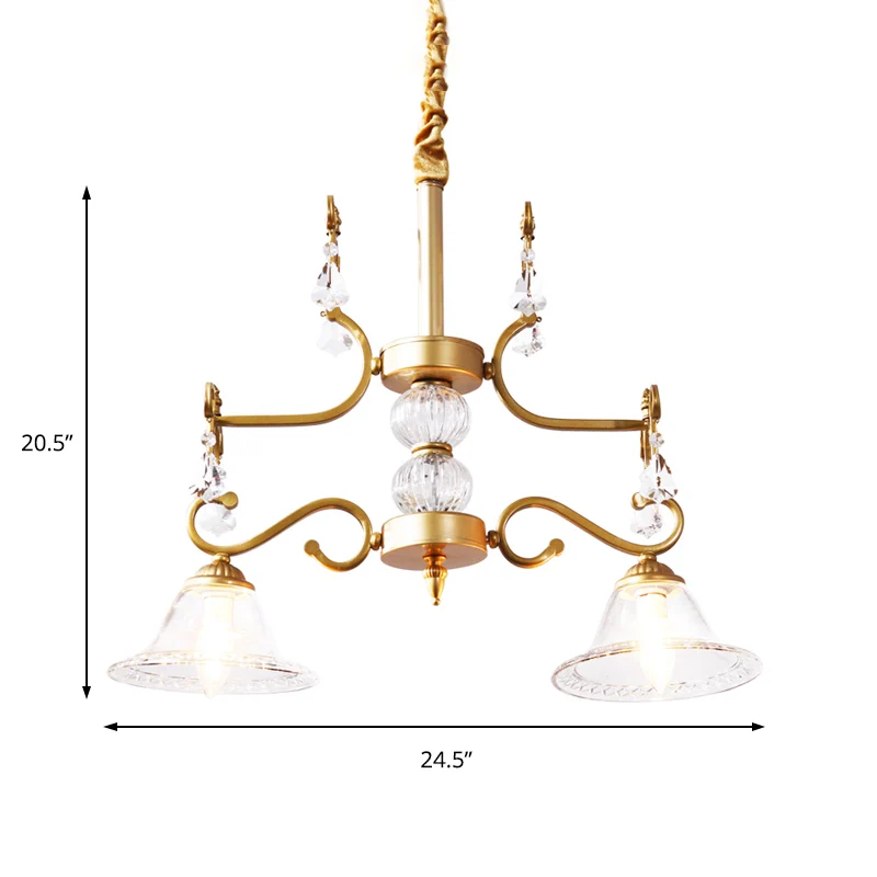 Lustre en cristal clair moderne, luminaire suspendu à 2 ampoules, abat-jour en forme de cloche en or pour salle à manger C...