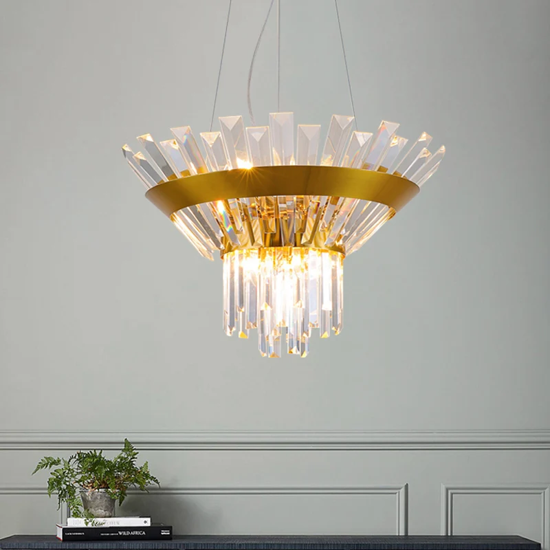 Lustre en cristal de taille rectangulaire à 9 ampoules, suspension postmoderne à cône doré pour table à manger Clearhalo