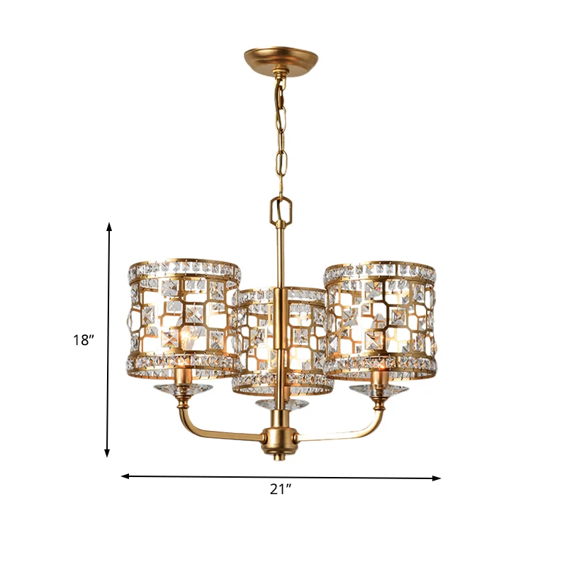 Lustre cylindrique en cristal moderne à 3 têtes, luminaire suspendu en or pour le salon Clearhalo