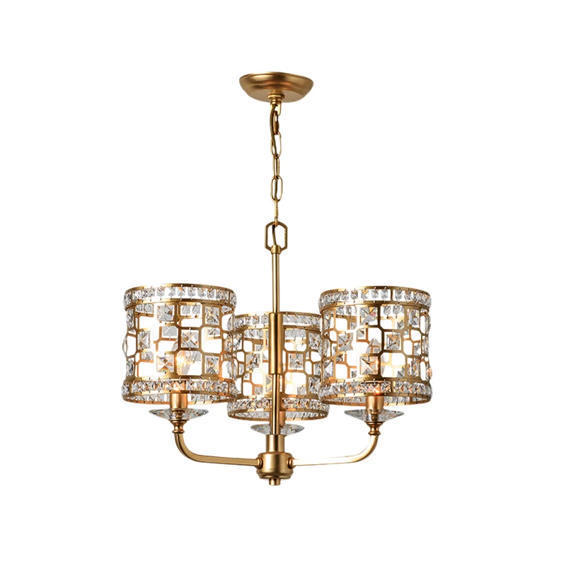 Lustre cylindrique en cristal moderne à 3 têtes, luminaire suspendu en or pour le salon Clearhalo
