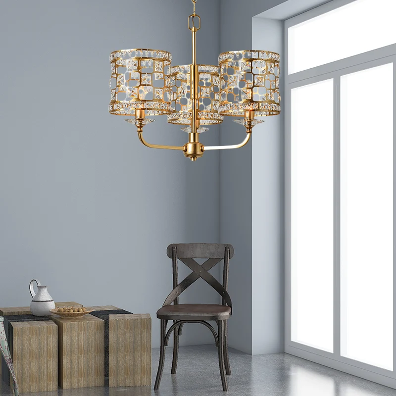 Lustre cylindrique en cristal moderne à 3 têtes, luminaire suspendu en or pour le salon Clearhalo