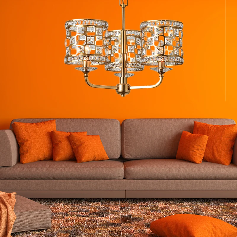 Lustre cylindrique en cristal moderne à 3 têtes, luminaire suspendu en or pour le salon Clearhalo