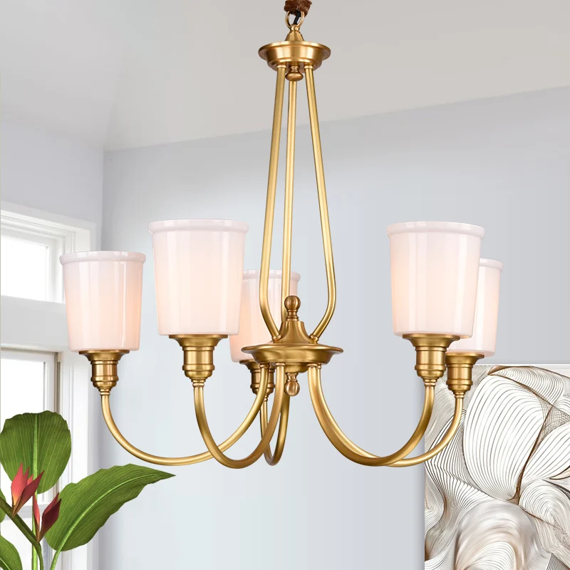 Lustre cylindrique en verre blanc, lumière coloniale, 3/5 lumières, luminaire suspendu pour chambre à coucher, doré Clearhalo
