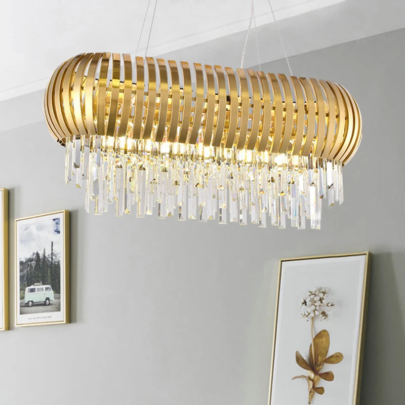 Lustre d'île oblong métallique postmoderne, 16 lumières, éclairage de plafond doré avec glaçons en cristal Clearhalo
