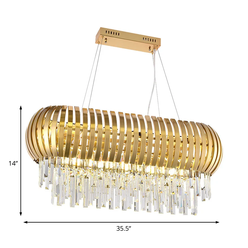 Lustre d'île oblong métallique postmoderne, 16 lumières, éclairage de plafond doré avec glaçons en cristal Clearhalo