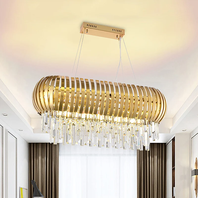 Lustre d'île oblong métallique postmoderne, 16 lumières, éclairage de plafond doré avec glaçons en cristal Clearhalo