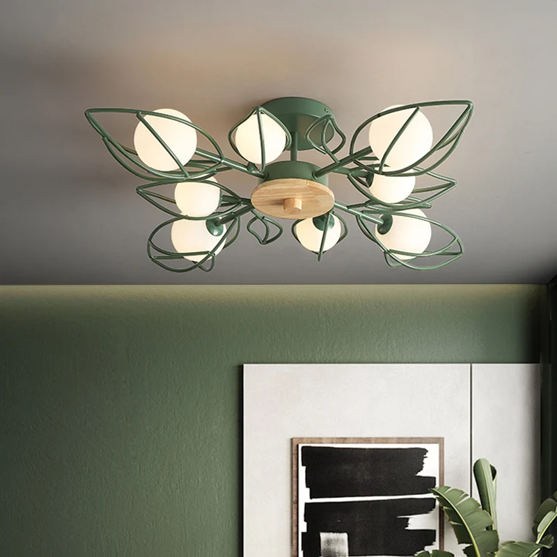 Lustre encastré à pétales de fil vert Plafonnier semi-encastré métallique nordique à 8 lumières avec abat-jour en verre or...