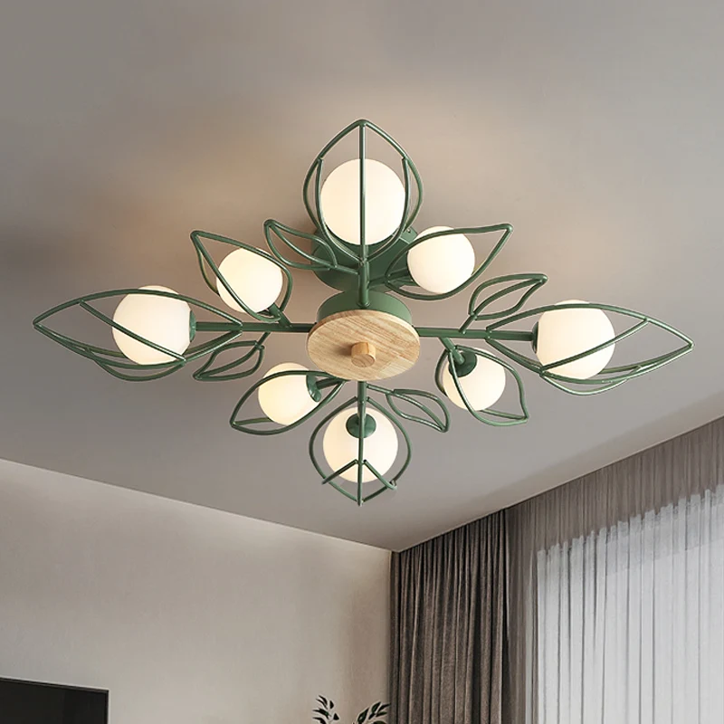 Lustre encastré à pétales de fil vert Plafonnier semi-encastré métallique nordique à 8 lumières avec abat-jour en verre or...