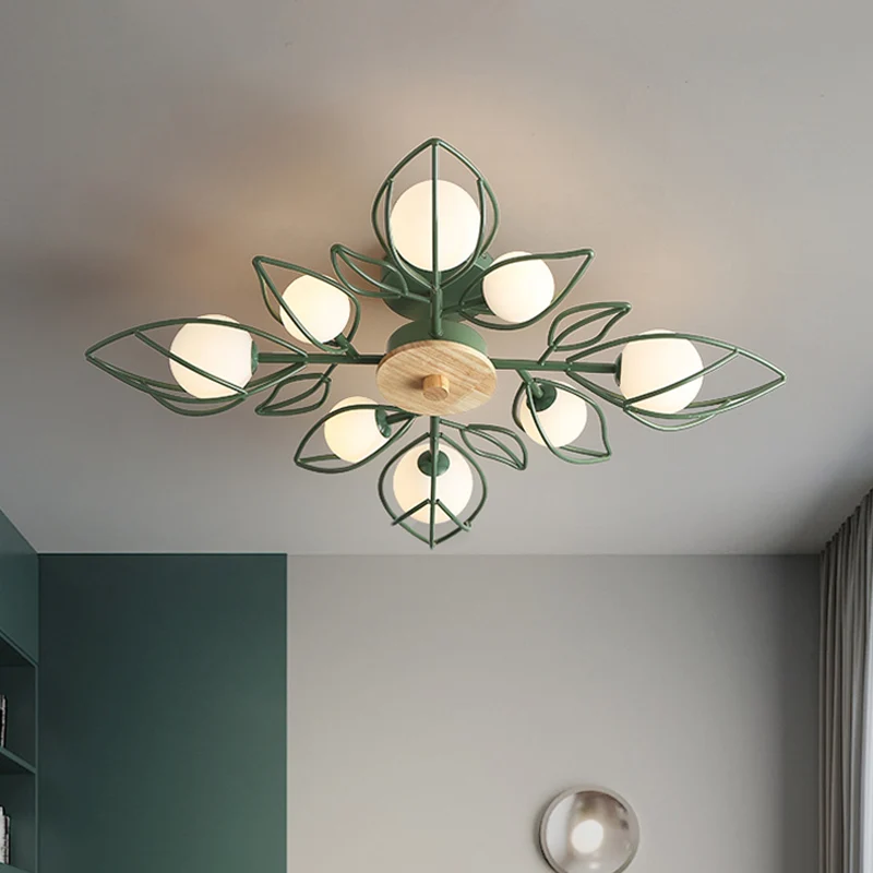 Lustre encastré à pétales de fil vert Plafonnier semi-encastré métallique nordique à 8 lumières avec abat-jour en verre or...