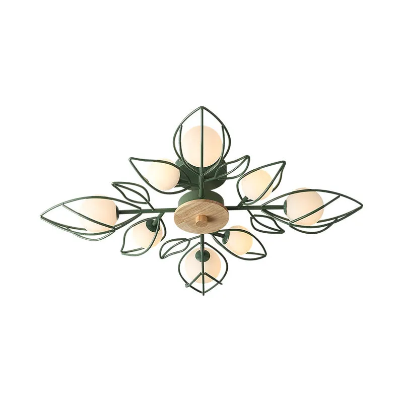 Lustre encastré à pétales de fil vert Plafonnier semi-encastré métallique nordique à 8 lumières avec abat-jour en verre or...