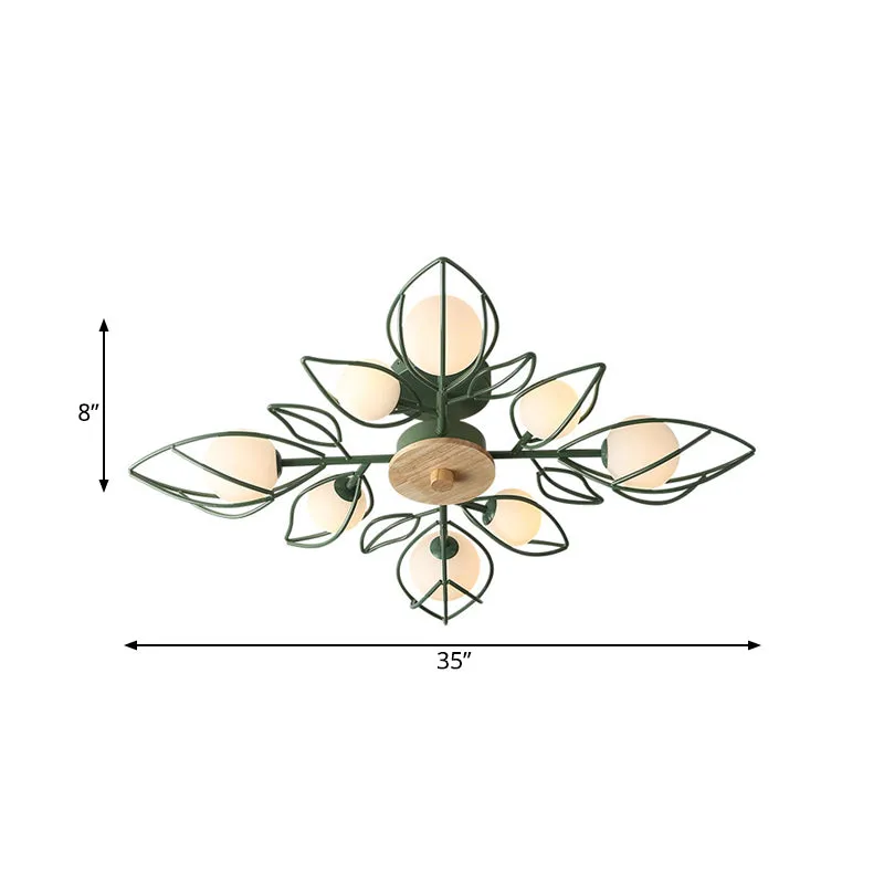 Lustre encastré à pétales de fil vert Plafonnier semi-encastré métallique nordique à 8 lumières avec abat-jour en verre or...