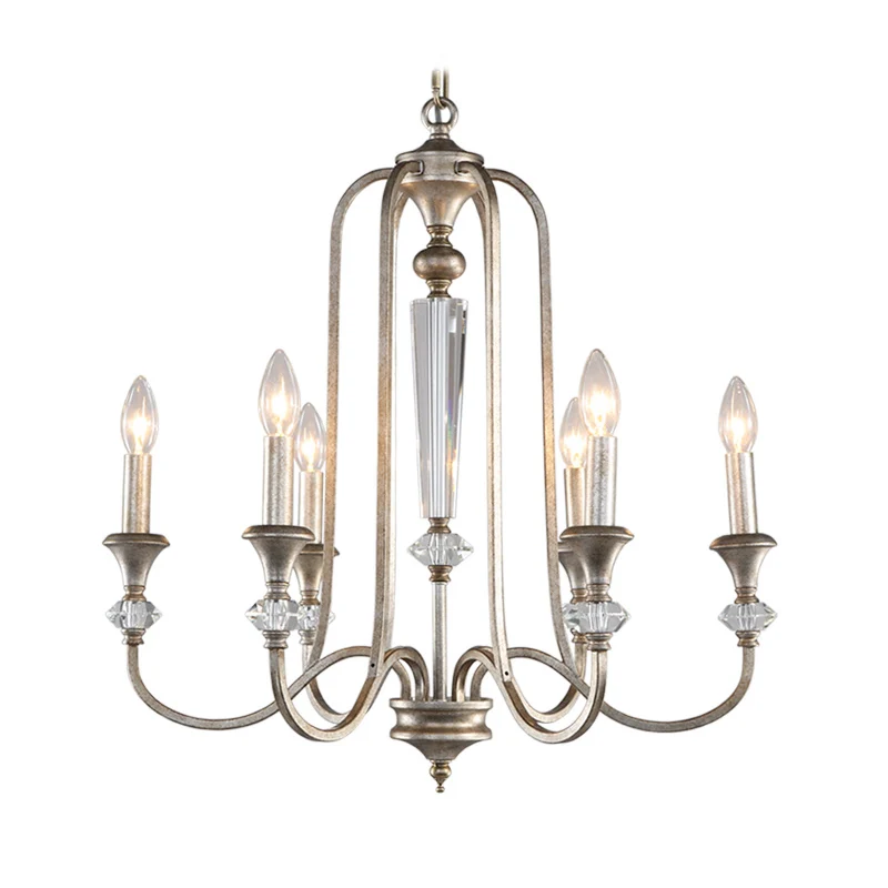 Lustre en forme de bougie en métal rustique, 6 lumières, luminaire décoratif de plafond, en argent vieilli, pour salon Cle...