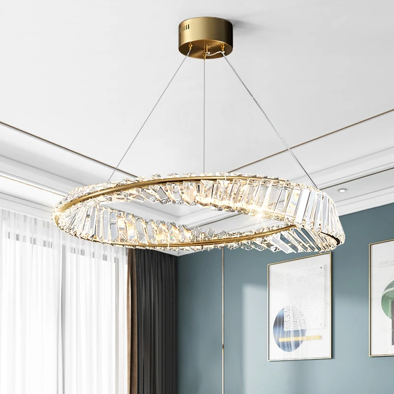 Lustre en forme d'anneau torsadé, suspension moderne en cristal LED en laiton pour salle à manger Clearhalo