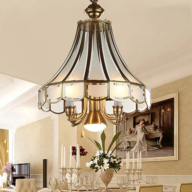 Lustre en forme de pétoncle en laiton, luminaire suspendu en verre sablé colonial, 5 lumières, lampe à Suspension pour sal...