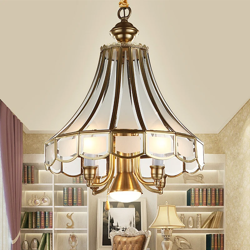 Lustre en forme de pétoncle en laiton, luminaire suspendu en verre sablé colonial, 5 lumières, lampe à Suspension pour sal...