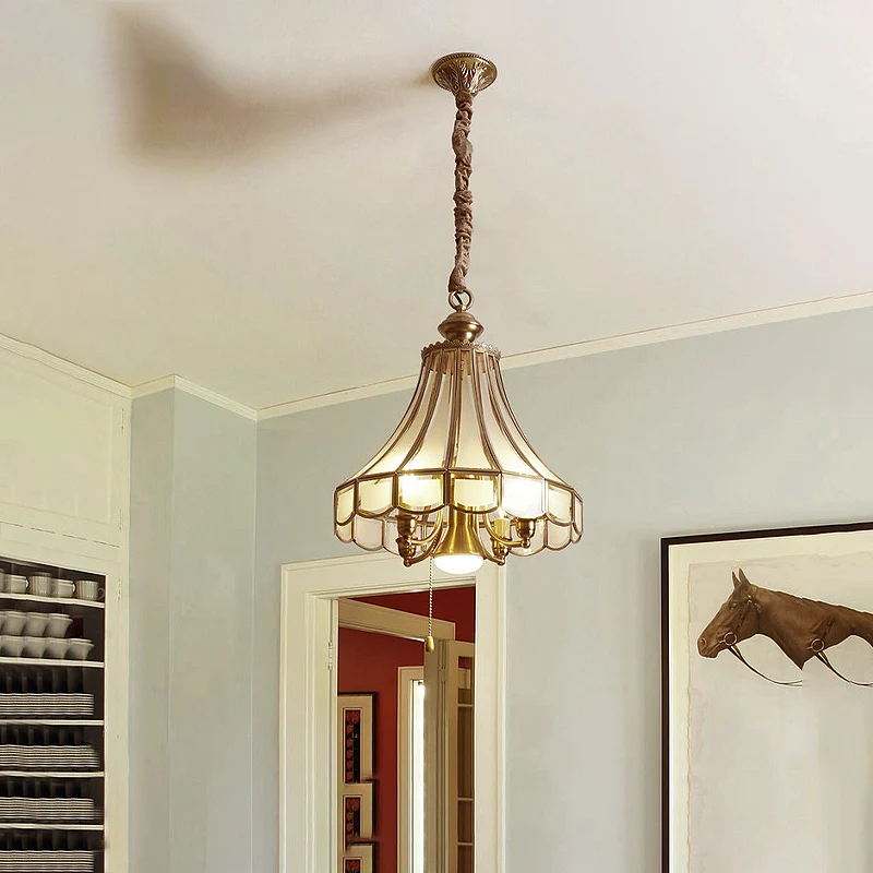 Lustre en forme de pétoncle en laiton, luminaire suspendu en verre sablé colonial, 5 lumières, lampe à Suspension pour sal...