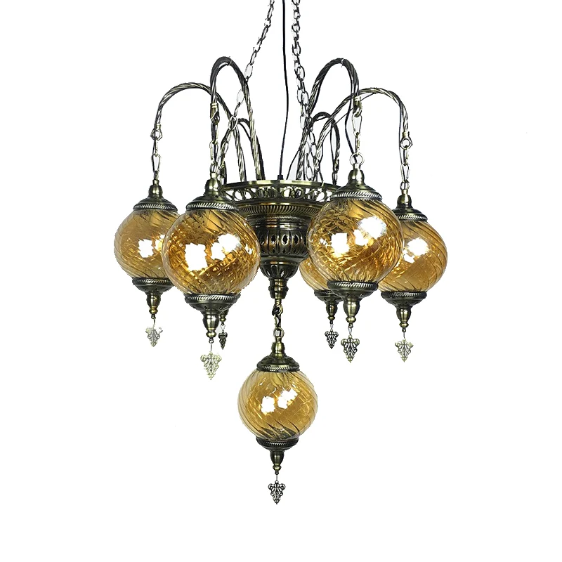 Lustre Globe Vintage en verre tourbillon ambre, 7 ampoules, luminaire suspendu pour café Clearhalo