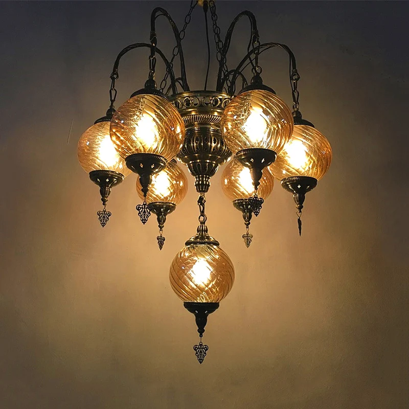 Lustre Globe Vintage en verre tourbillon ambre, 7 ampoules, luminaire suspendu pour café Clearhalo