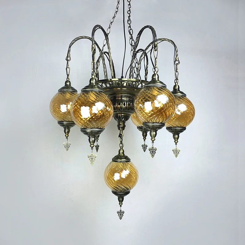 Lustre Globe Vintage en verre tourbillon ambre, 7 ampoules, luminaire suspendu pour café Clearhalo