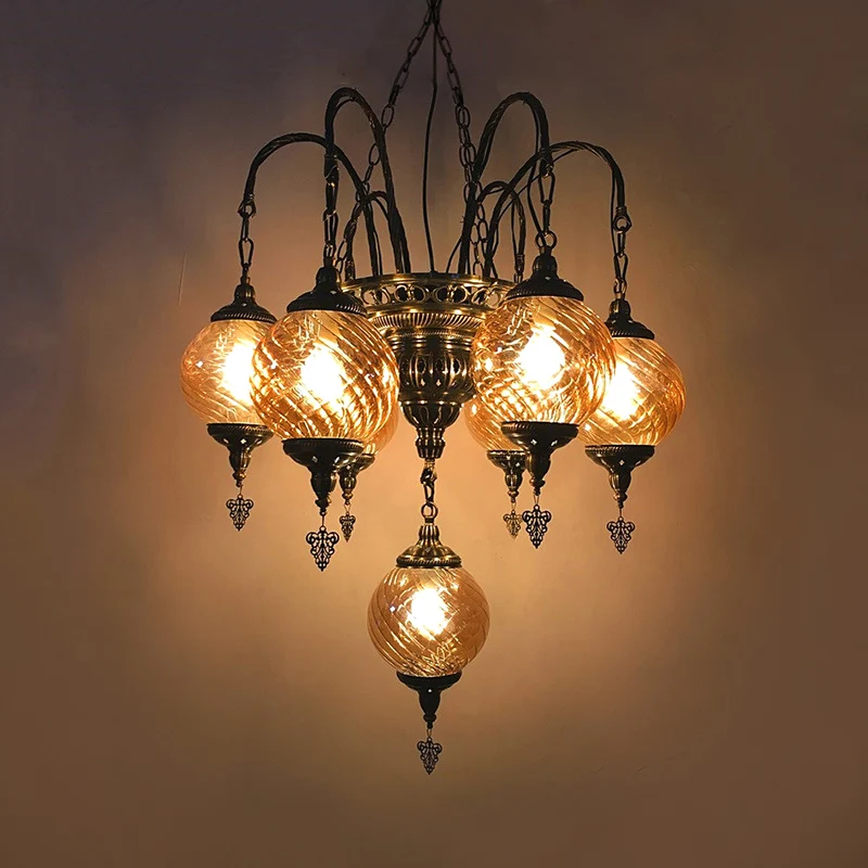 Lustre Globe Vintage en verre tourbillon ambre, 7 ampoules, luminaire suspendu pour café Clearhalo