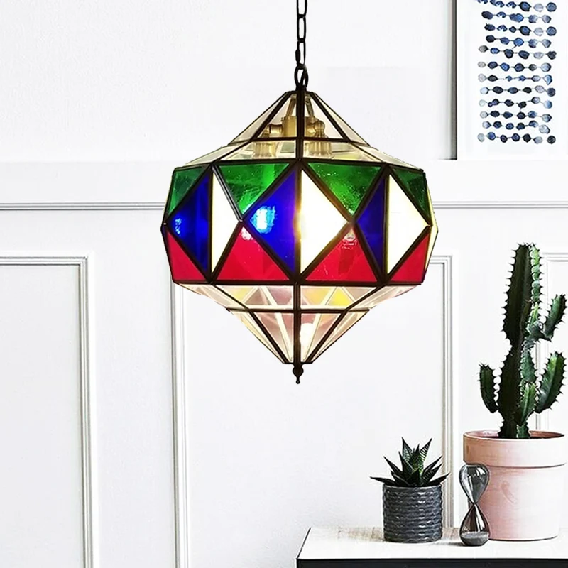 Lustre en laiton et verre coloré, forme supérieure, 3 lumières, plafonnier arabe suspendu avec chaîne réglable Clearhalo