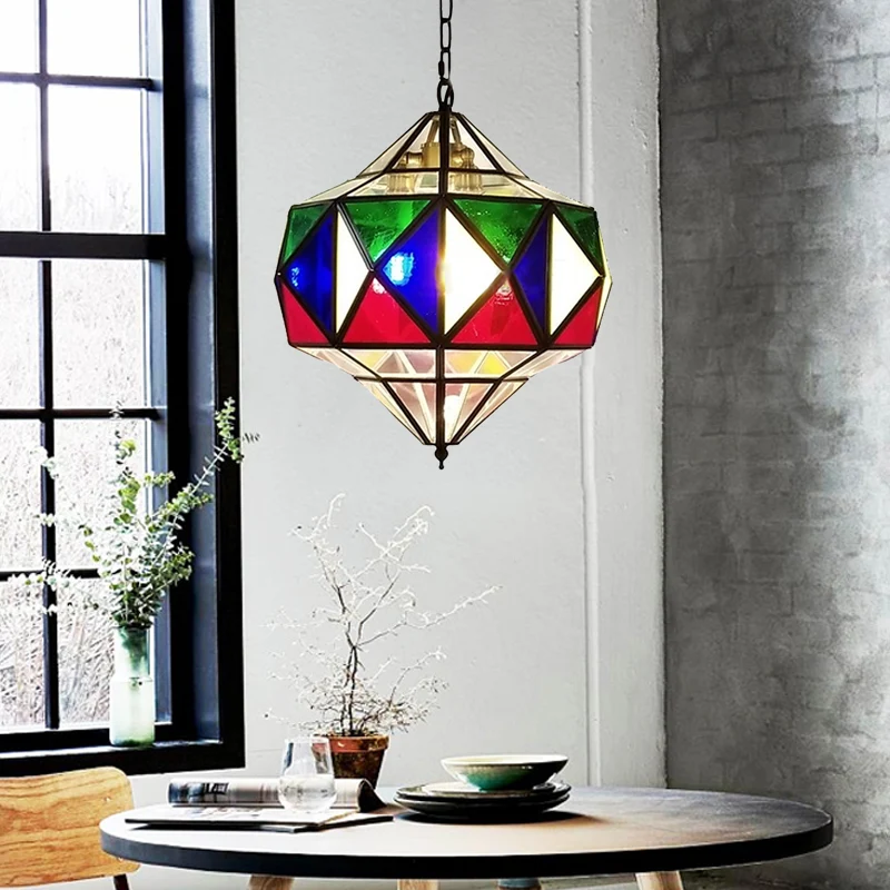 Lustre en laiton et verre coloré, forme supérieure, 3 lumières, plafonnier arabe suspendu avec chaîne réglable Clearhalo