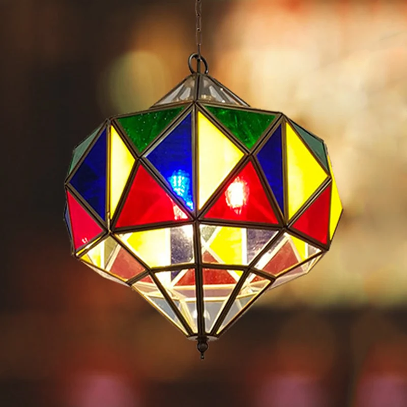 Lustre en laiton et verre coloré, forme supérieure, 3 lumières, plafonnier arabe suspendu avec chaîne réglable Clearhalo